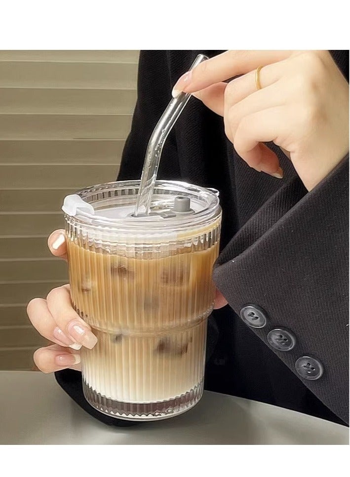 Coffee Cup Simple Vertical Stripes Water Glasses with Lid and Straw