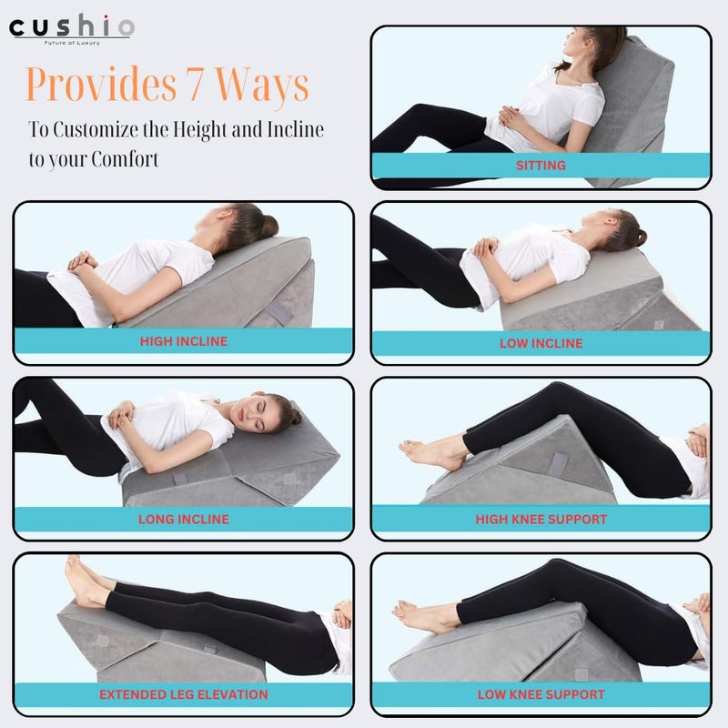 CUSHIO Adjustable Wedge Pillow Memory Foam & HR Foam | 7-in-1 Versatile Design for Neck, Back Support, Leg Elevation | Standard Size (Grey) - Image 2