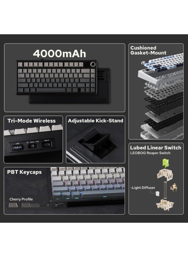 AULA F75MAX Mechanical Gaming Keyboard – Reaper Switch, Gradient Gray, Type-C Wired & 2.4G Wireless & Bluetooth, RGB Lighting, Multi-OS Support - Image 2