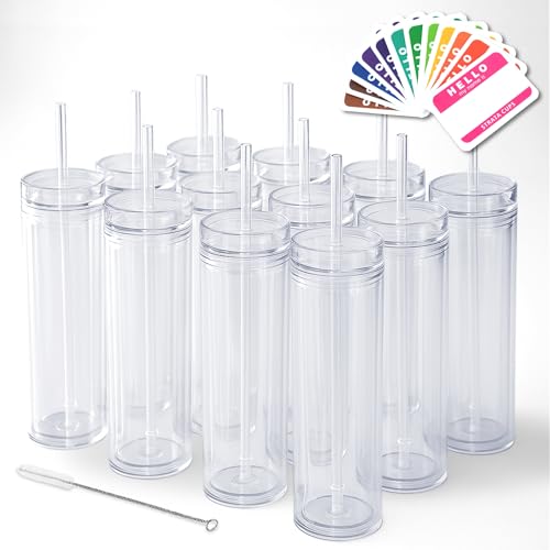 STRATA CUPS 12 Clear Skinny Tumblers with Lids and Straws | 16oz Reusable Cup Double-Wall Clear Tumbler with Lid and Straw, Durable Acrylic Tumblers With FREE Straw Cleaner & Name Tags - Image 1