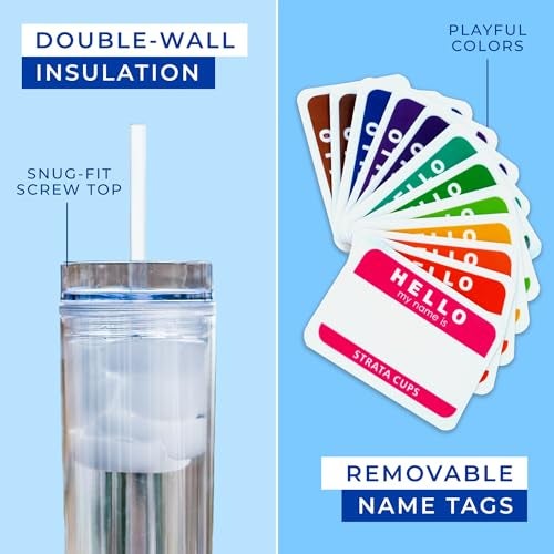 STRATA CUPS 12 Clear Skinny Tumblers with Lids and Straws | 16oz Reusable Cup Double-Wall Clear Tumbler with Lid and Straw, Durable Acrylic Tumblers With FREE Straw Cleaner & Name Tags - Image 2