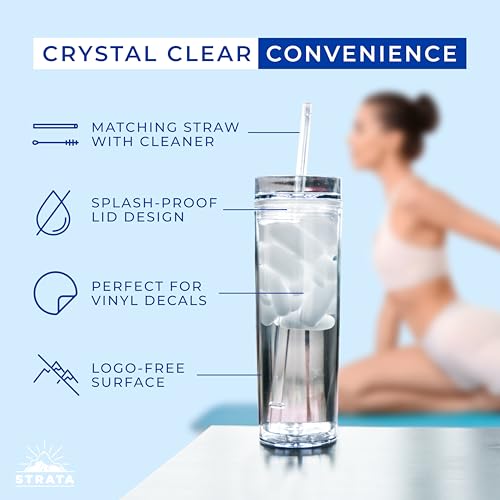 STRATA CUPS 12 Clear Skinny Tumblers with Lids and Straws | 16oz Reusable Cup Double-Wall Clear Tumbler with Lid and Straw, Durable Acrylic Tumblers With FREE Straw Cleaner & Name Tags - Image 3