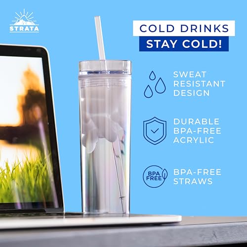 STRATA CUPS 12 Clear Skinny Tumblers with Lids and Straws | 16oz Reusable Cup Double-Wall Clear Tumbler with Lid and Straw, Durable Acrylic Tumblers With FREE Straw Cleaner & Name Tags - Image 5