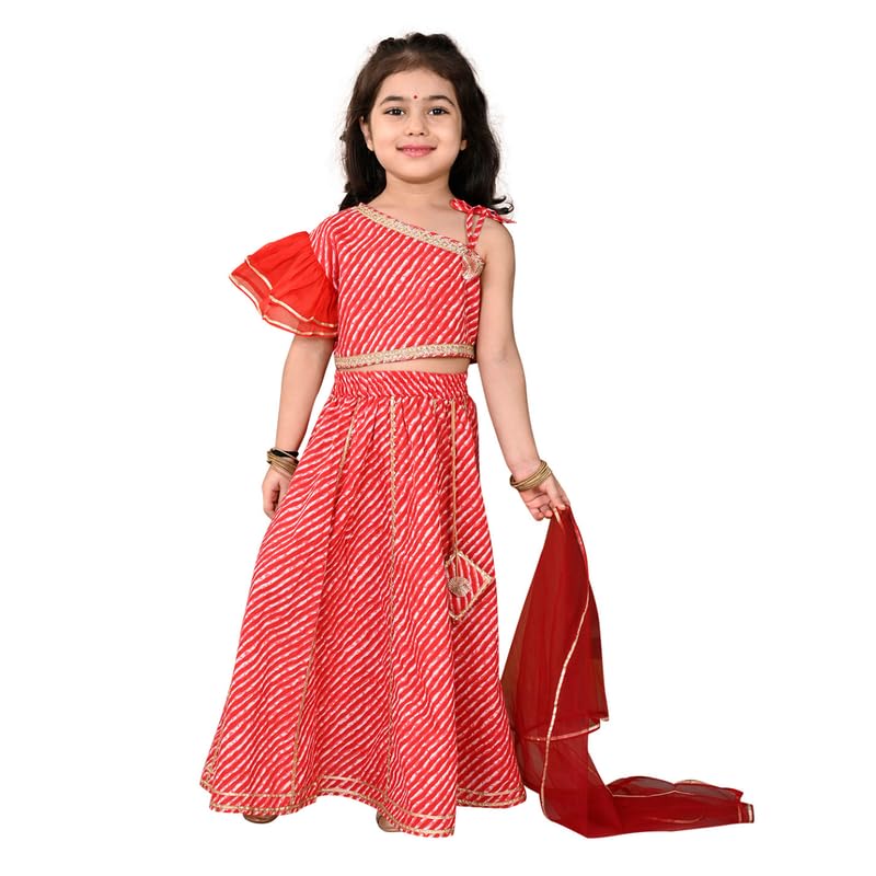 Superminis Girls Cotton One Shoulder Lehariya Printed Lehenga Choli And Net Dupatta Set (2-3 Years, Red) | Finish Type: Readymade - Image 1