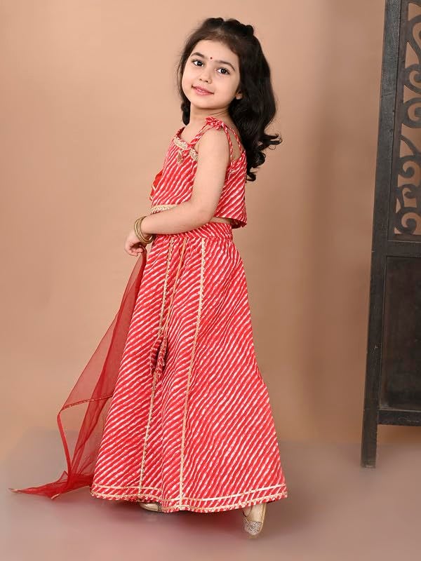 Superminis Girls Cotton One Shoulder Lehariya Printed Lehenga Choli And Net Dupatta Set (2-3 Years, Red) | Finish Type: Readymade - Image 3