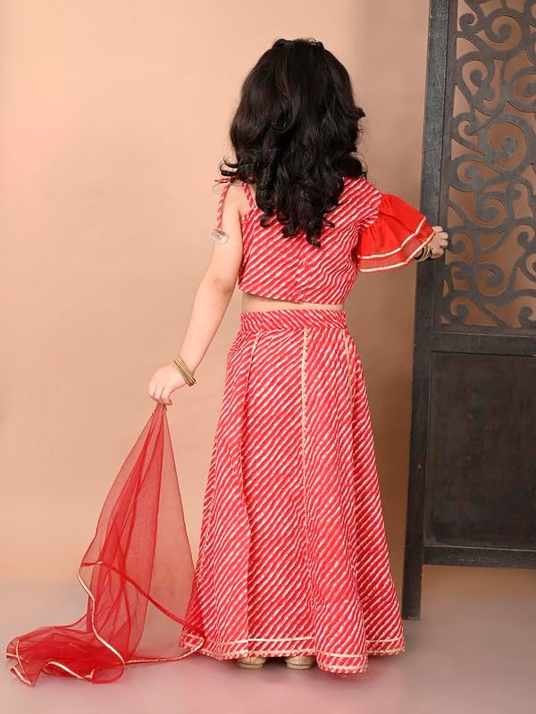 Superminis Girls Cotton One Shoulder Lehariya Printed Lehenga Choli And Net Dupatta Set (2-3 Years, Red) | Finish Type: Readymade - Image 2
