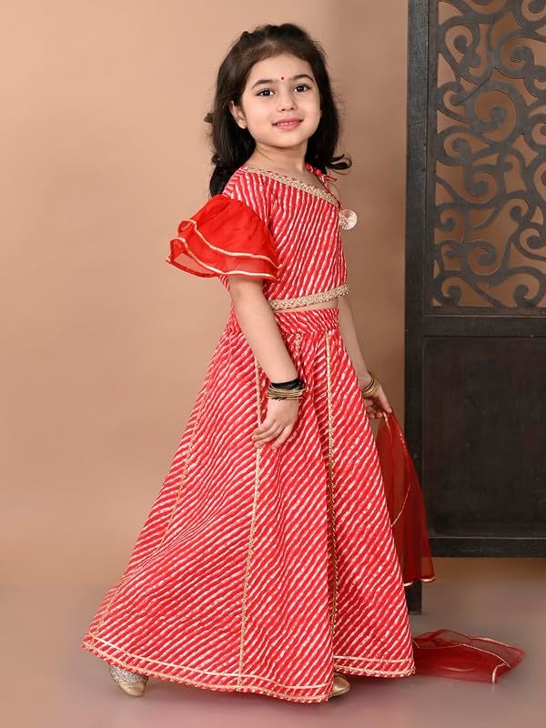 Superminis Girls Cotton One Shoulder Lehariya Printed Lehenga Choli And Net Dupatta Set (2-3 Years, Red) | Finish Type: Readymade - Image 4