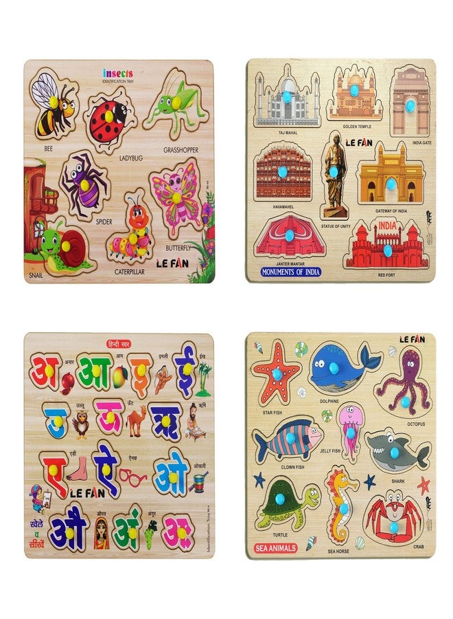 Lefan® Kids Fort Pre Nursery Educational Jigsaw Puzzles for Adults Kids Learning Toys Kit Board Game 4 pcs Set of Insects Fruits Hindi Letters & Monuments of India Educational Toy - Image 1