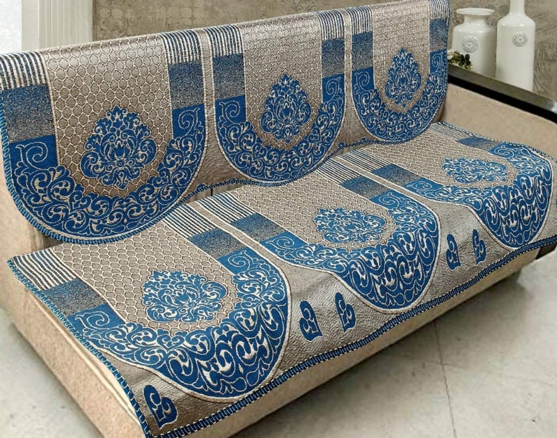 Nendle Cotton & Polyester Damask Design Concept Sofa Set Covers 5 Seater (Light Blue, Standard, Pack of 6) - Image 1