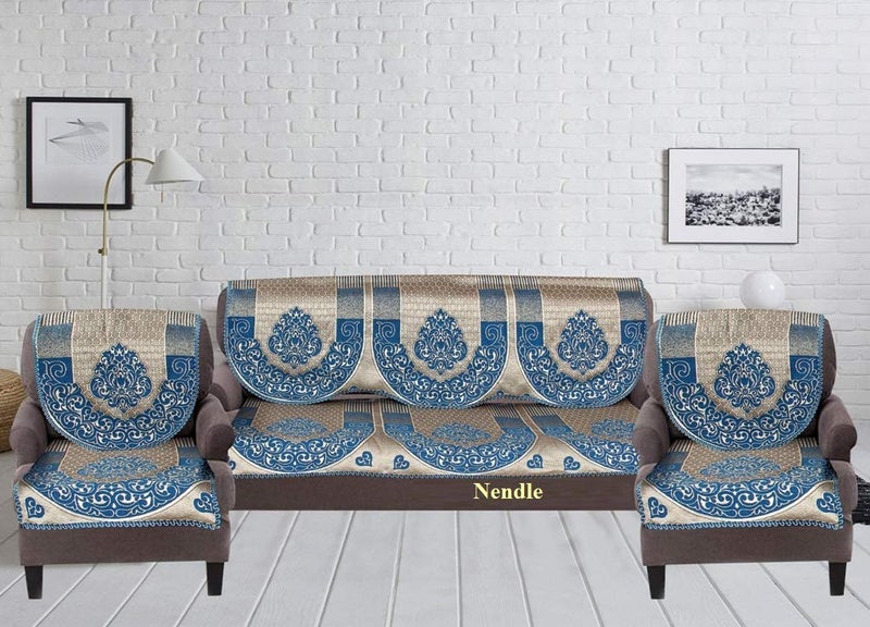 Nendle Cotton & Polyester Damask Design Concept Sofa Set Covers 5 Seater (Light Blue, Standard, Pack of 6) - Image 2