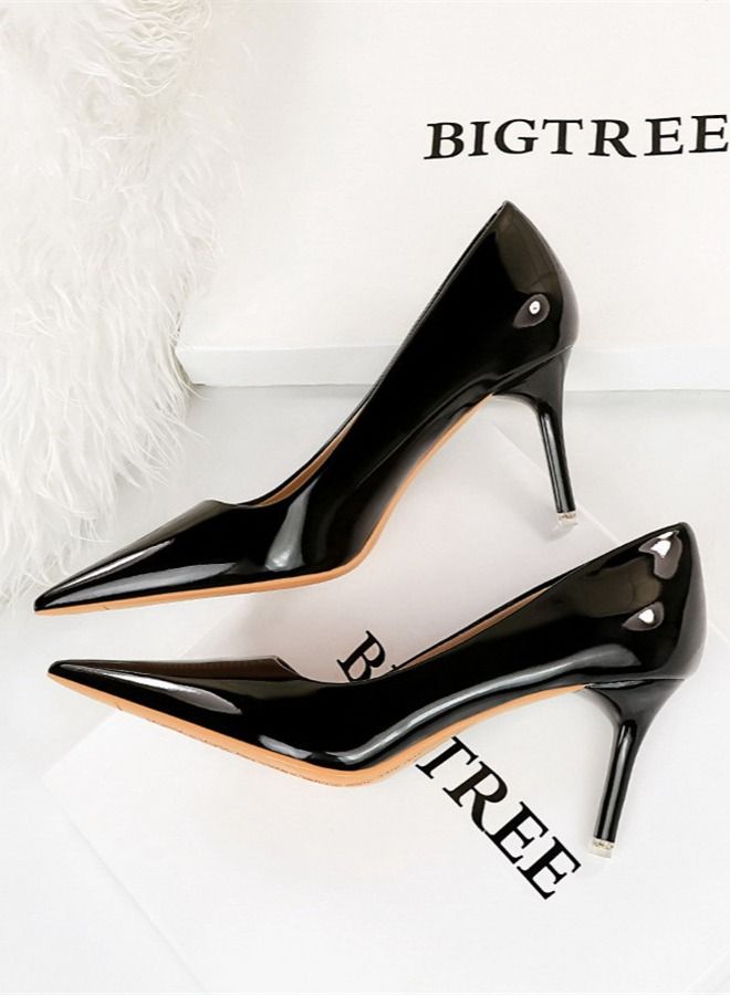 BIGTREE Glossy Patent Leather Shallow Mouth Pointed Thin High-Heeled Shoes 7.5CM Black