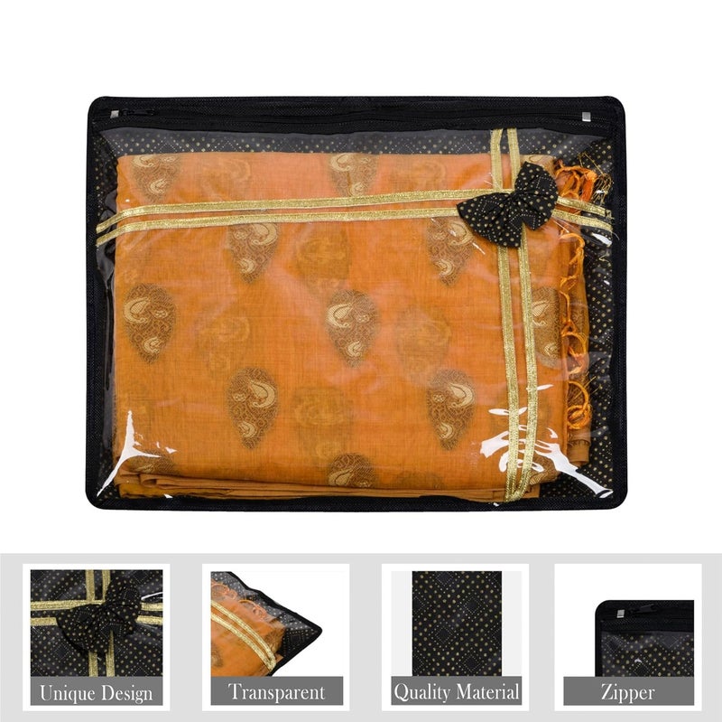 Kuber Industries Kuber Industries Saree Storage Bag Clothes Storage Bag Wardrobe Storage Bag Single Packing Cloth Storage Bag Top Visible Window Saree Bag Bow Golden Dot Pack of 24 Black - Image 2