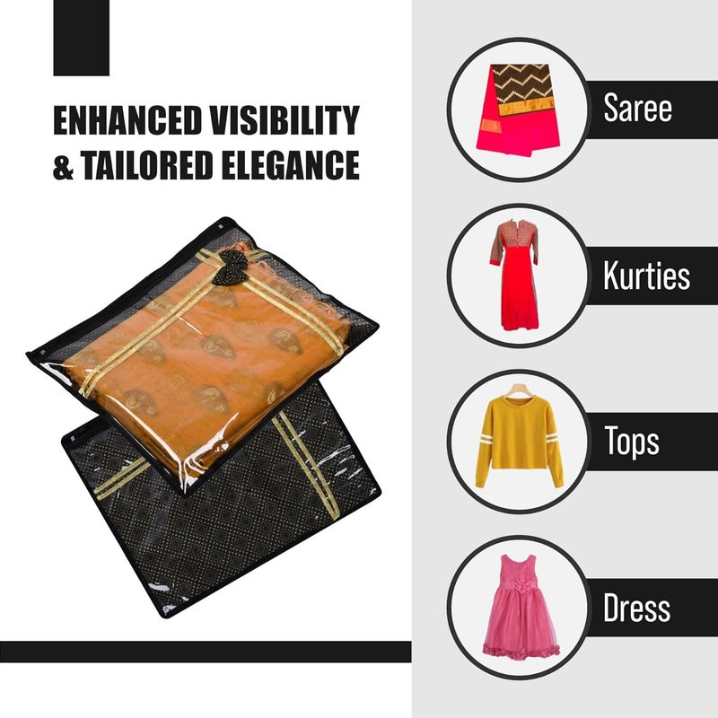 Kuber Industries Kuber Industries Saree Storage Bag Clothes Storage Bag Wardrobe Storage Bag Single Packing Cloth Storage Bag Top Visible Window Saree Bag Bow Golden Dot Pack of 24 Black - Image 4