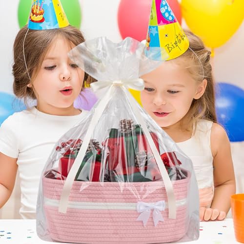OIAHOMY Large Woven Storage Basket with Handles for Nursery Living Room Shelves, Bow Basket for Gifts Empty with Gift Bags and Ribbons for Baby Showers Pet Toy Bin - Pink - Image 3