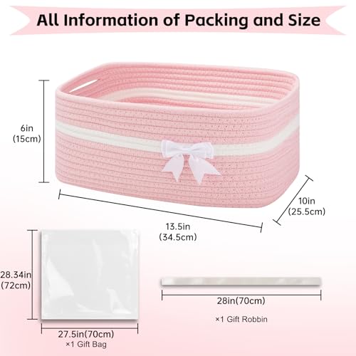OIAHOMY Large Woven Storage Basket with Handles for Nursery Living Room Shelves, Bow Basket for Gifts Empty with Gift Bags and Ribbons for Baby Showers Pet Toy Bin - Pink - Image 2