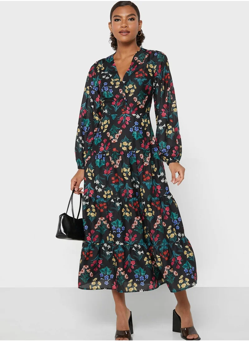 Oasis Balloon Sleeve Floral Print Tiered Dress