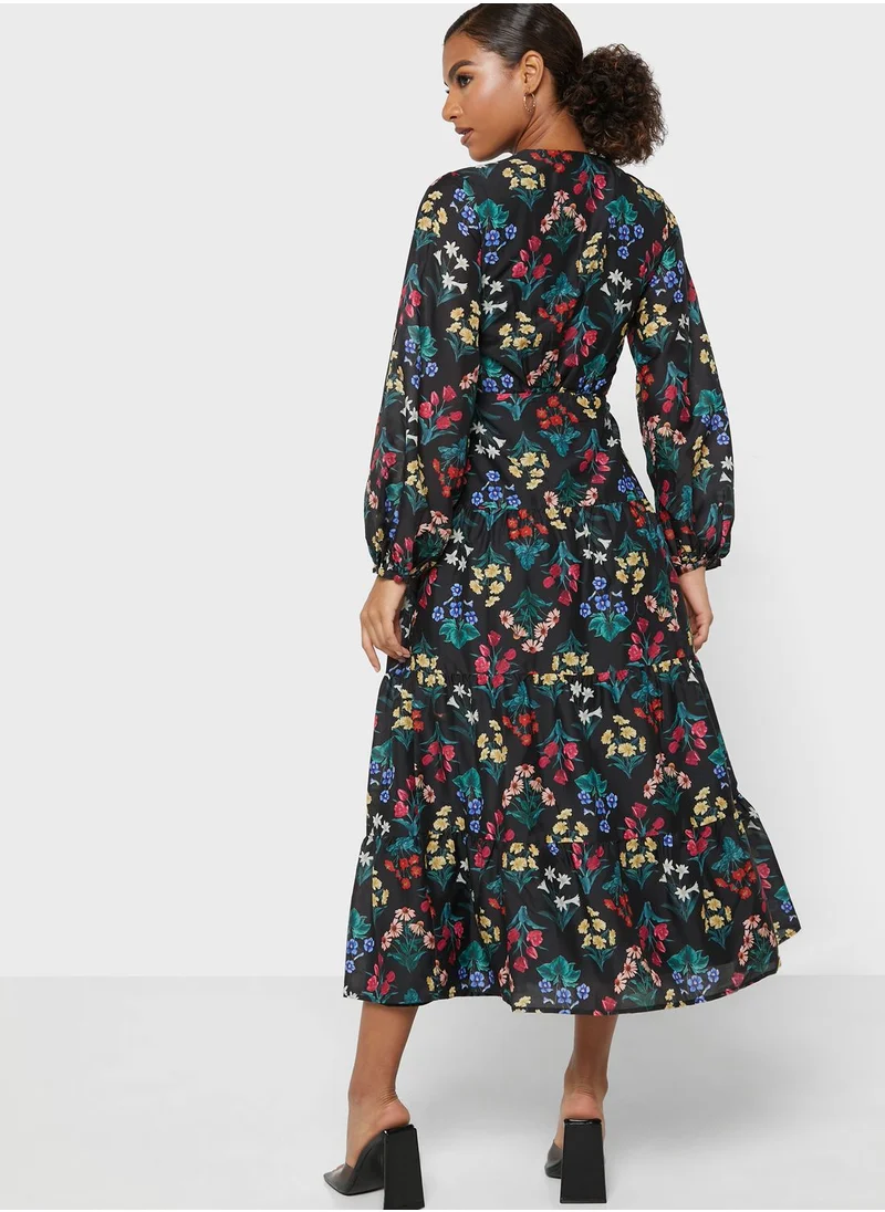 Oasis Balloon Sleeve Floral Print Tiered Dress