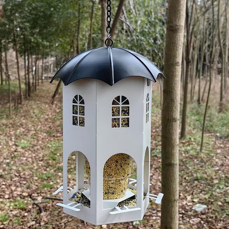 Azonee Metal Hanging Bird Feeder for Outdoors – Wild Bird Feeder with Circular Perch, Durable Weather-Resistant Design for Garden, Yard, Lawn, or Patio – Hanging Bird Feeder for Outside Use (White) - Image 4