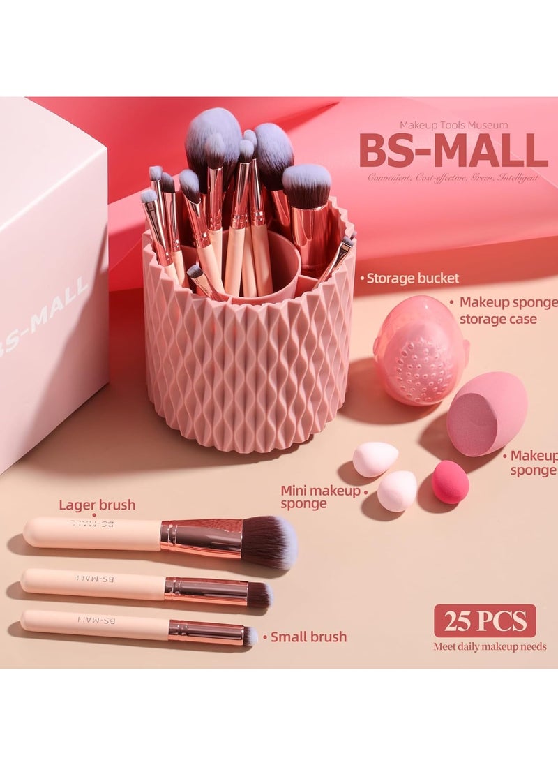 BS مول فرش مكياج BS-MALL، بودرة أساس اصطناعية ممتازة، خافي عيوب ظلال العيون، مجموعة فرش مكونة من 25 قطعة تتضمن 5 إسفنجات وحقيبة إسفنجية باللون الوردي  - Image 5