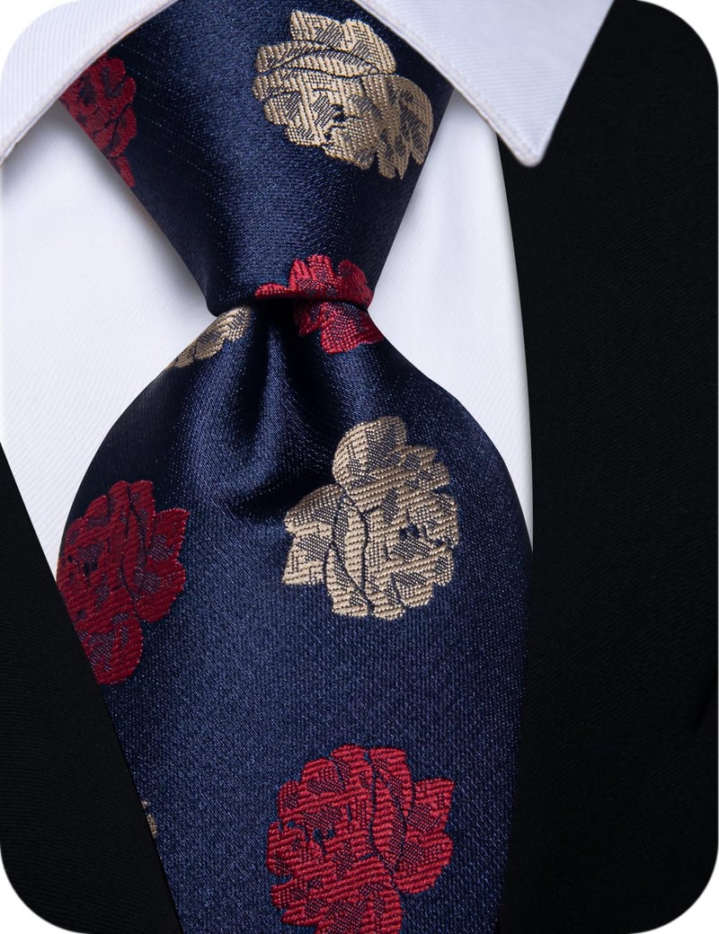 YourTies Mens Floral Silk Tie and Pocket Square Set Navy Blue Ties with Lapel Pin 5PCs Wedding Party Necktie Gift Box - Image 2