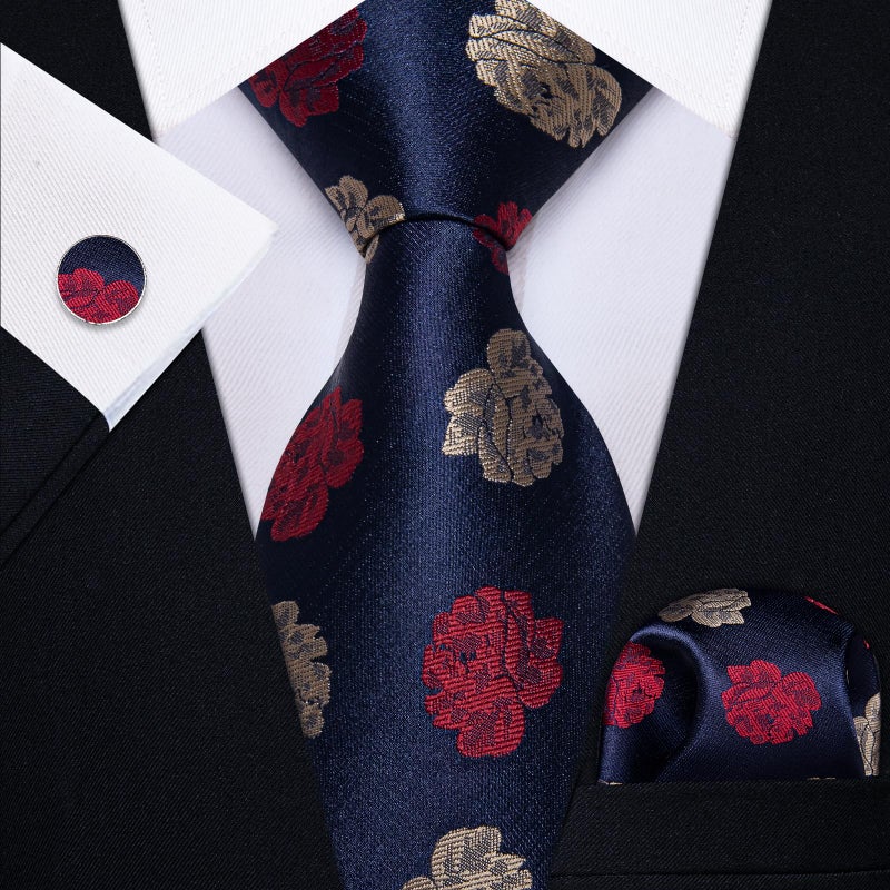 YourTies Mens Floral Silk Tie and Pocket Square Set Navy Blue Ties with Lapel Pin 5PCs Wedding Party Necktie Gift Box - Image 5