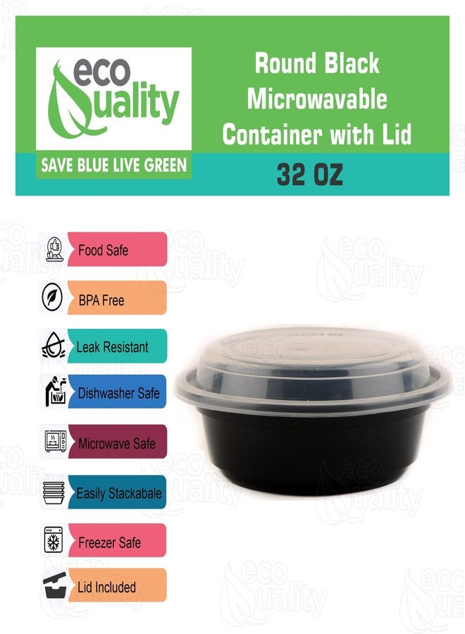 EcoQuality 32oz - 10 Count - Round Microwavable Plastic Meal Prep Containers with Lids - Food Storage Container - Certified BPA-Free, Stackable, Reusable Microwave, Dishwasher, Freezer Safe, Disposable (Black) - Image 2