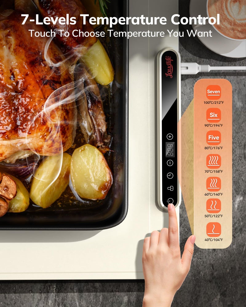 LAUDLIFE Electric Warming Tray with 7 Adjustable Temperature, Laudlife Foldable Food Warmer for Parties with Child Lock, Fast Heating Plate for Buffet, Family Gathering, Sabbath, Holiday, Countertop, Beige - Image 2