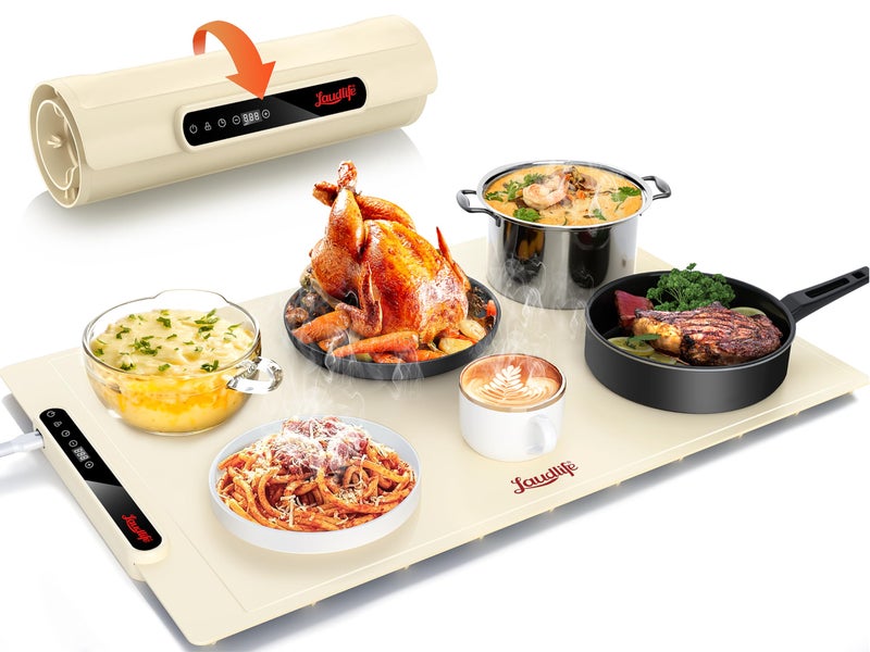 LAUDLIFE Electric Warming Tray with 7 Adjustable Temperature, Laudlife Foldable Food Warmer for Parties with Child Lock, Fast Heating Plate for Buffet, Family Gathering, Sabbath, Holiday, Countertop, Beige - Image 1