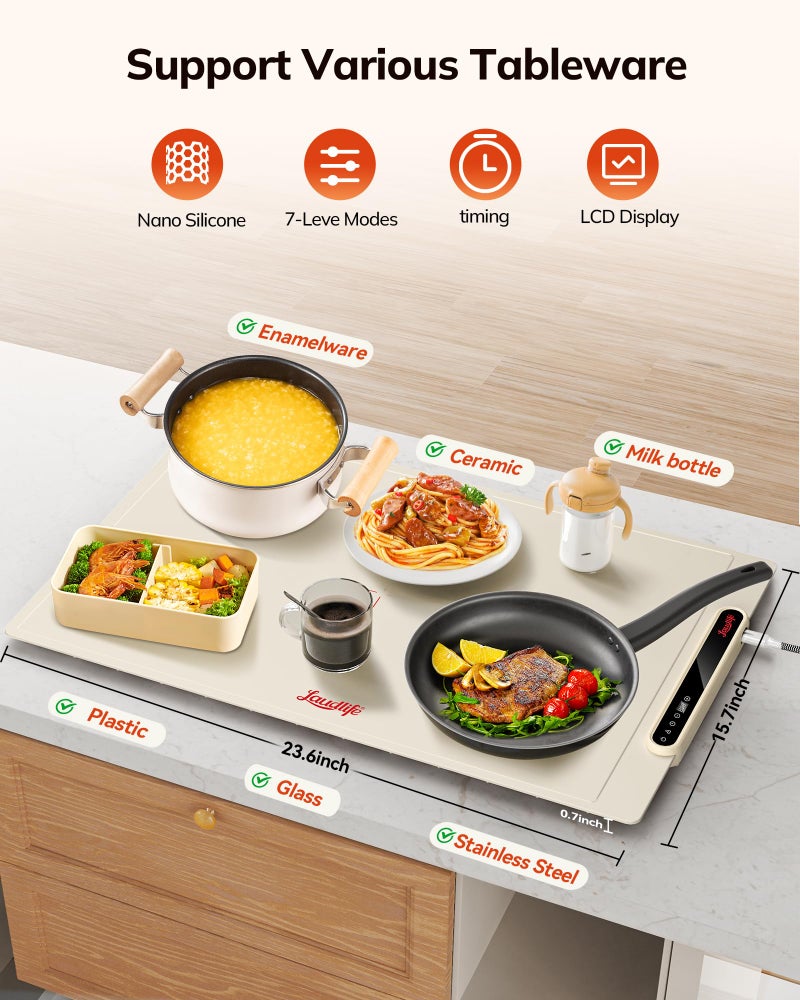 LAUDLIFE Electric Warming Tray with 7 Adjustable Temperature, Laudlife Foldable Food Warmer for Parties with Child Lock, Fast Heating Plate for Buffet, Family Gathering, Sabbath, Holiday, Countertop, Beige - Image 4