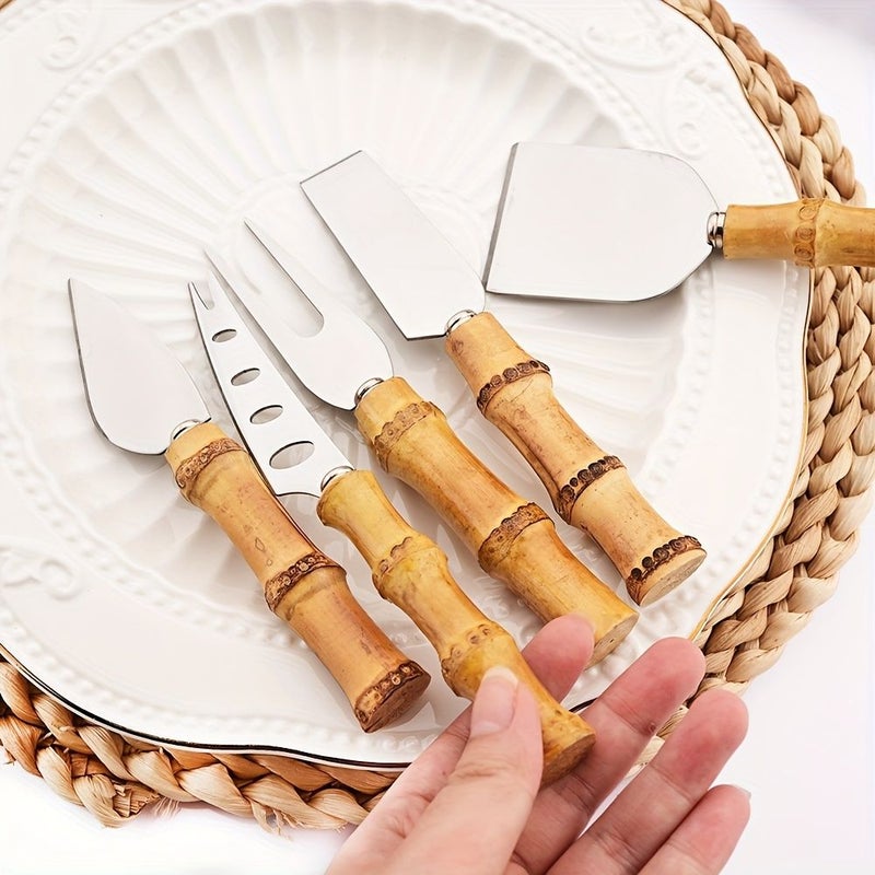 6Pcs Bamboo Handle Cheese Knife Set Stainless Steel Baking Tools Butter Spreaders - Image 1