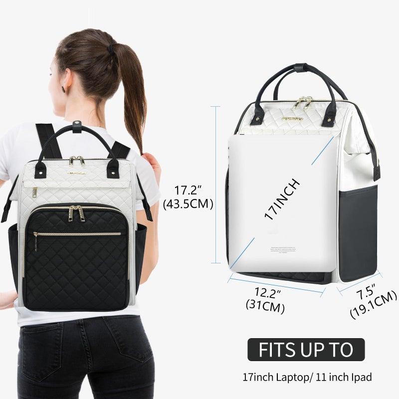 EMPSIGN 17 Inch Laptop Backpack for Women, Work Business Travel Computer College Bags, Large Capacity Water-repellent Quilted Casual Daypack with USB Port, Beige-Black - Image 2
