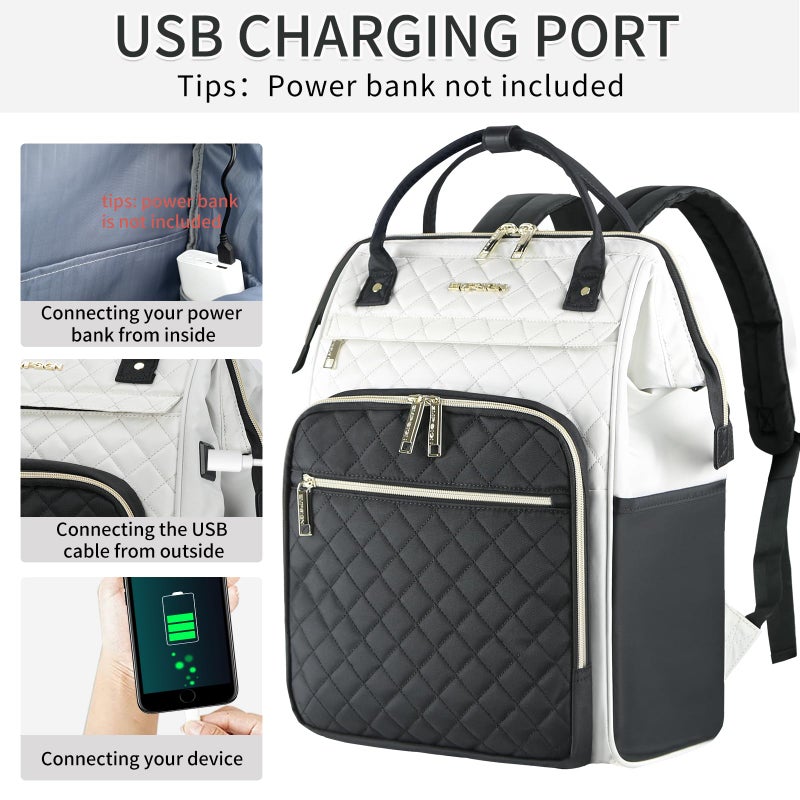 EMPSIGN 17 Inch Laptop Backpack for Women, Work Business Travel Computer College Bags, Large Capacity Water-repellent Quilted Casual Daypack with USB Port, Beige-Black - Image 5