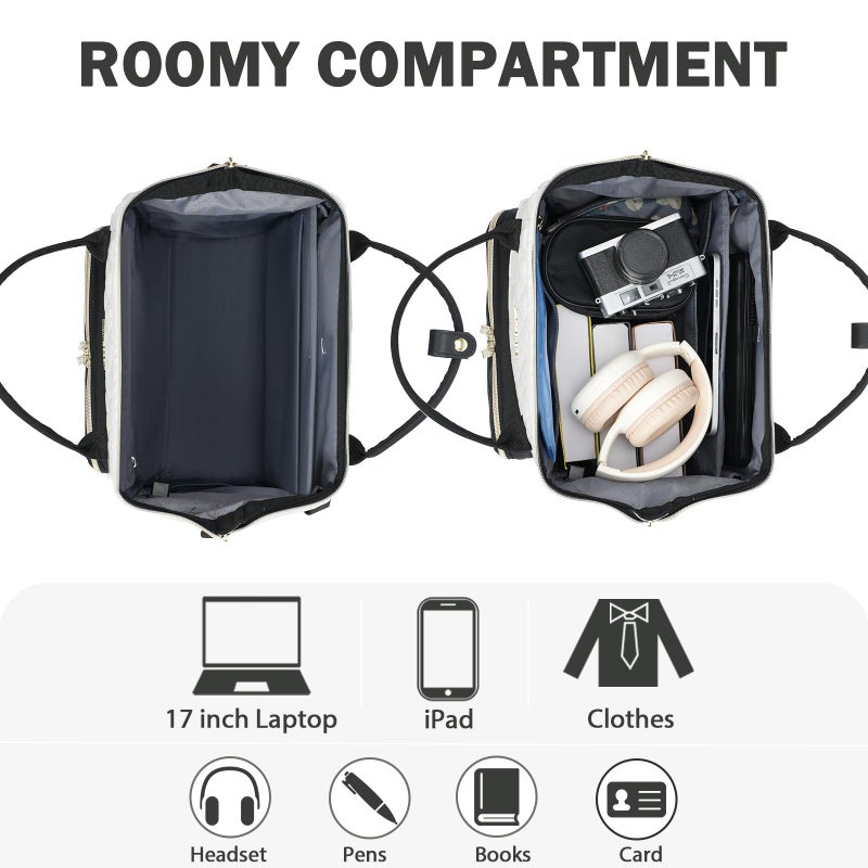 EMPSIGN 17 Inch Laptop Backpack for Women, Work Business Travel Computer College Bags, Large Capacity Water-repellent Quilted Casual Daypack with USB Port, Beige-Black - Image 3
