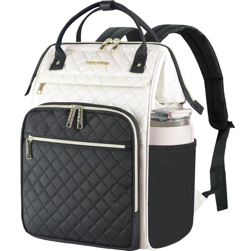 EMPSIGN 17 Inch Laptop Backpack for Women, Work Business Travel Computer College Bags, Large Capacity Water-repellent Quilted Casual Daypack with USB Port, Beige-Black - Image 1