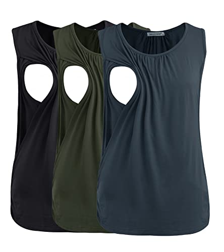 Smallshow Womens Maternity Nursing Tank Tops Breastfeeding Clothes 3Pack Small Army GreenBlackDark Grey