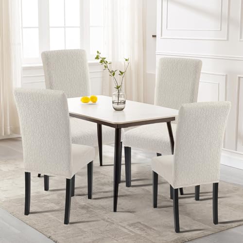 SearchI Jacquard Dining Room Chair Covers Set of 4 Stretch Kitchen Chair Covers Washable Parsons Chair Slipcover Removable Dining Chair Protectors for HotelCeremonyBeige Floral Texture - Image 3