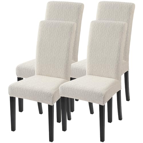 SearchI Jacquard Dining Room Chair Covers Set of 4 Stretch Kitchen Chair Covers Washable Parsons Chair Slipcover Removable Dining Chair Protectors for HotelCeremonyBeige Floral Texture - Image 1