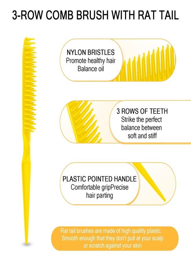 SIMPOR 3 Row Hair Comb for Natural Detangling Curly, Hair Styling Brush, Nylon Bristle Unbraider Teasing Rat Tail Comb for Women Men Yellow - Image 2