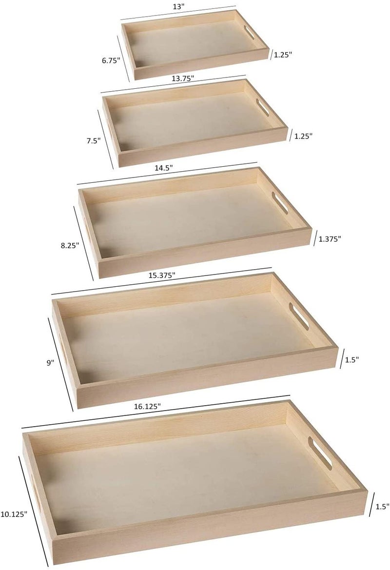 Hammont Wood Serving Tray Set with Handles - 5-Piece Nested Breakfast Trays for Food, Party Buffet, Organizing, and Montessori - Versatile Wooden Trays for Serving, Catering, and Bathroom Use - Image 2