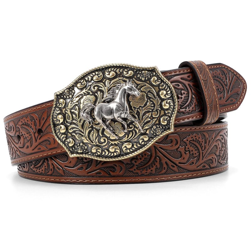 SANSTHS Cowboy Belts for Men Women Western Buckle Belt Cowboy Cowgirl Embossed Leather Belt for Jeans Christmas Gifts Belt - Image 1