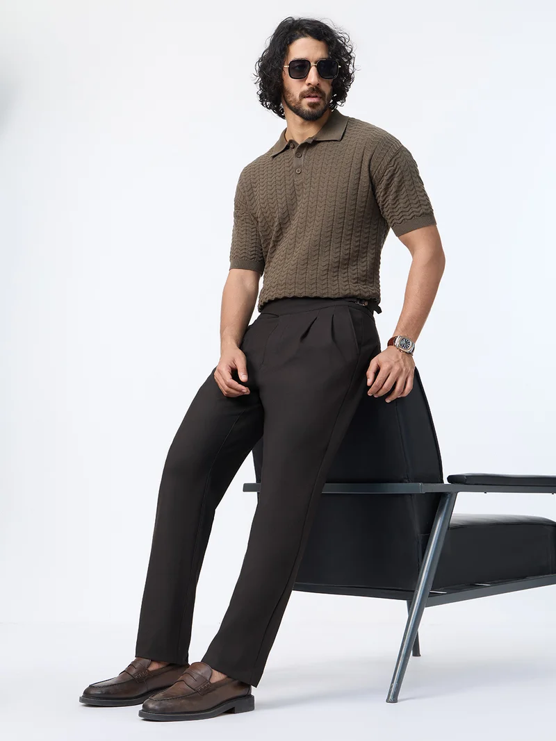 The Souled Store: Gurkha Pants Men and Boys Hickory Brown Solid Poly-Viscose Blend Straight Fit Adjustable Waist Wrinkle Resistant Trousers