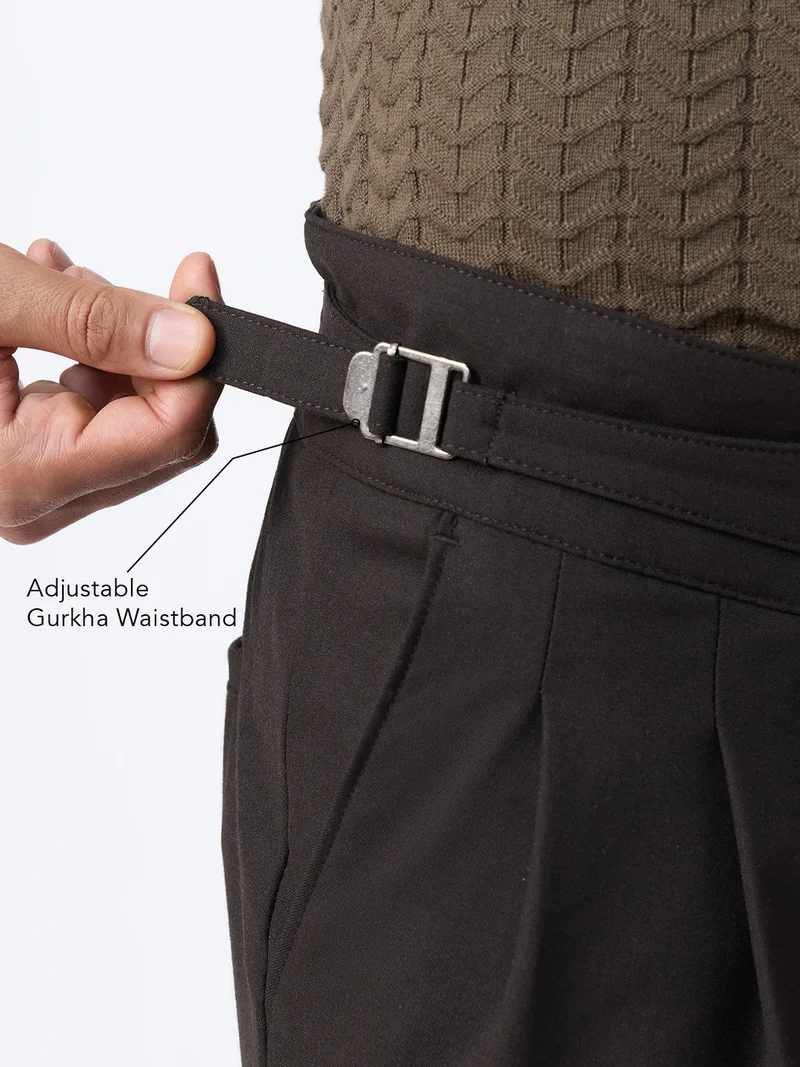 The Souled Store  The Souled Store: Gurkha Pants Men and Boys Hickory Brown Solid Poly-Viscose Blend Straight Fit Adjustable Waist Wrinkle Resistant Trousers  | Best Price UAE