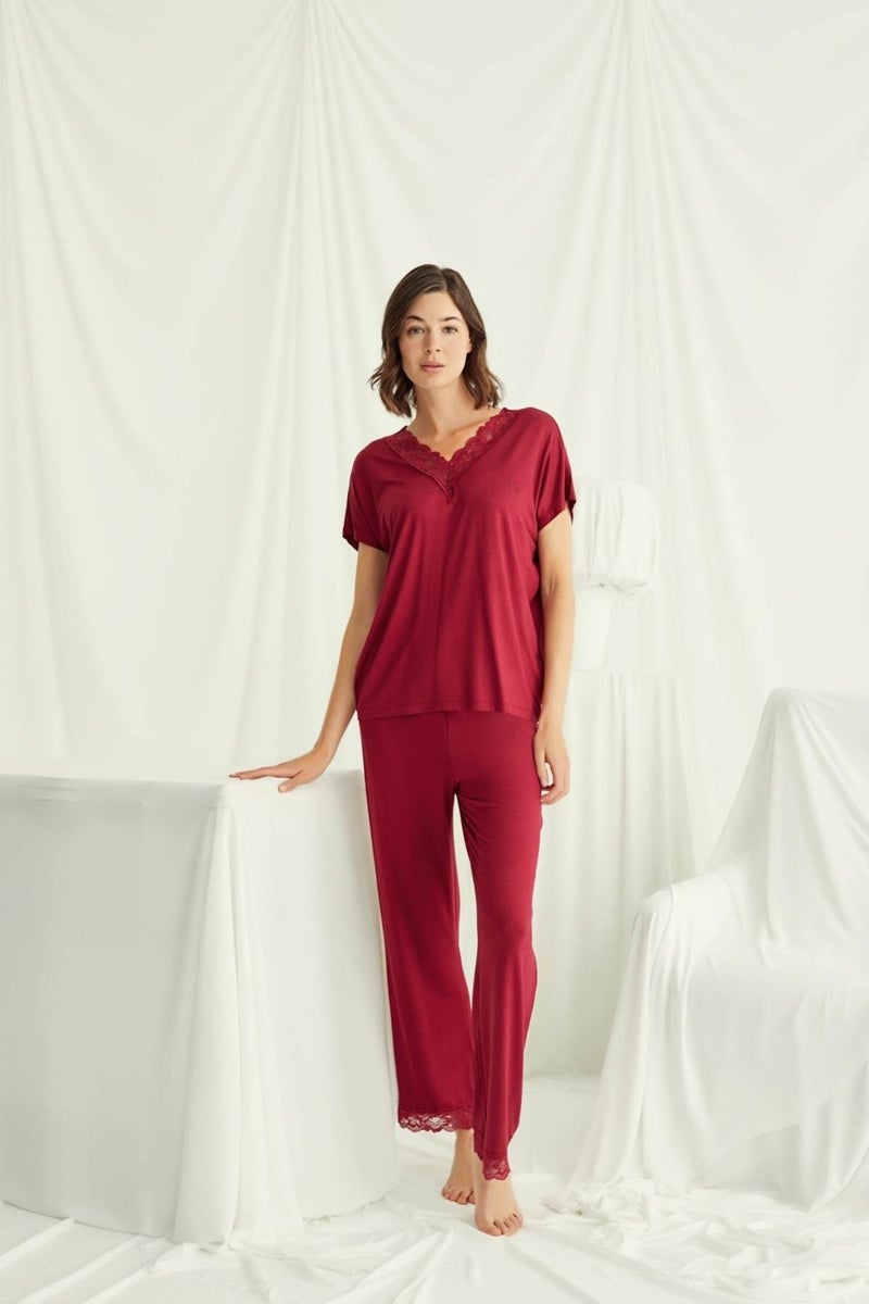 Monamise Women's Short Sleeve V-Neck Lace Pajama Set