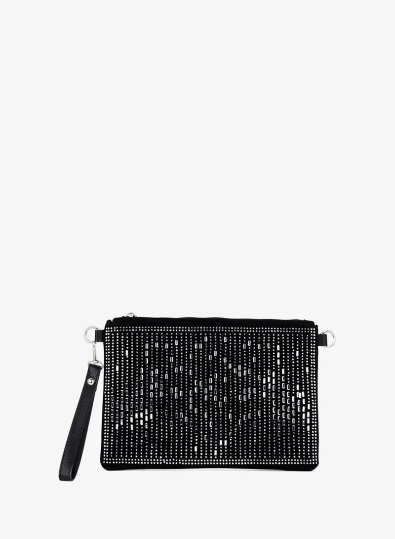 Women's Vertical Silver-Studded Suede Wrist Strap and Chain Strap Portfolio Handbag and Clutch.
