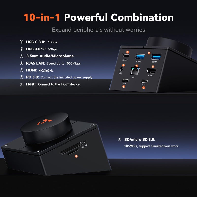 TobenONE 10-in-1 Shortcut-Key Docking Station with 4 Shortcut Button and Volume Knob, USB C Dock with 4K@60Hz HDMI, 100W PD, 3 USB, Ethernet, Audio, SD/microSD for MacBook, Windows, Chrome, Mac mini - Image 5