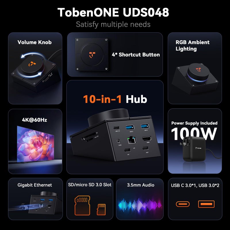 TobenONE 10-in-1 Shortcut-Key Docking Station with 4 Shortcut Button and Volume Knob, USB C Dock with 4K@60Hz HDMI, 100W PD, 3 USB, Ethernet, Audio, SD/microSD for MacBook, Windows, Chrome, Mac mini - Image 2