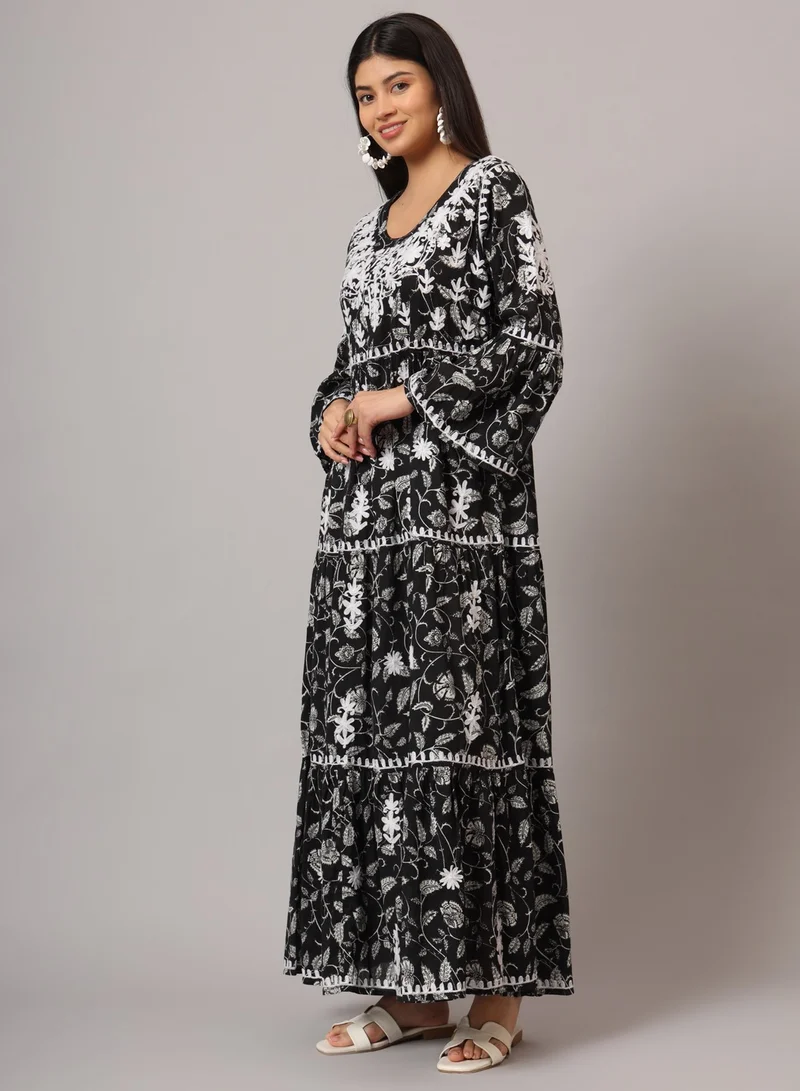 Alaya Hand Embroidered Chikankari A-Line Gathering Pattern Mulmul Cotton Jalabiya-AL3673