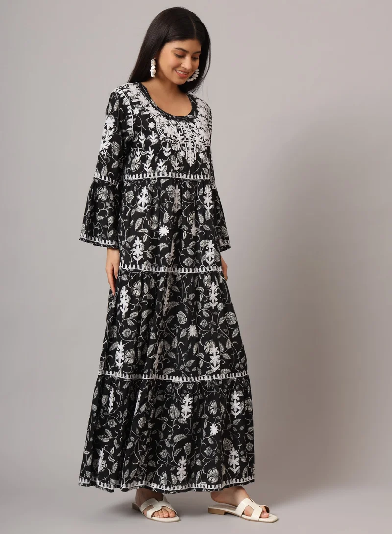 Alaya Hand Embroidered Chikankari A-Line Gathering Pattern Mulmul Cotton Jalabiya-AL3673