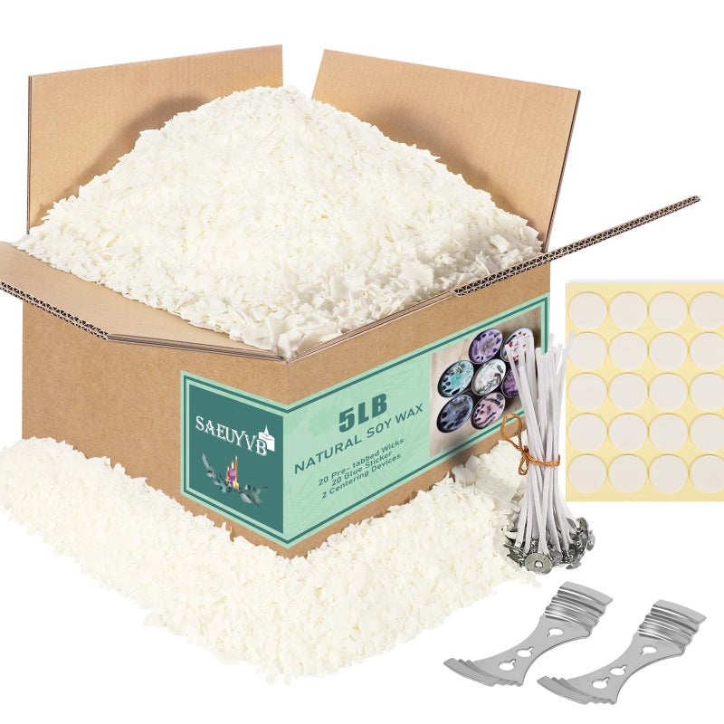 SAEUYVB Soy Candle Wax for Candle Making - Natural Soy Wax Flakes 5 lbs Bag, 20 Cotton Candle Wicks, 20 Wick Stickers & 2 Centering Devices - Image 1