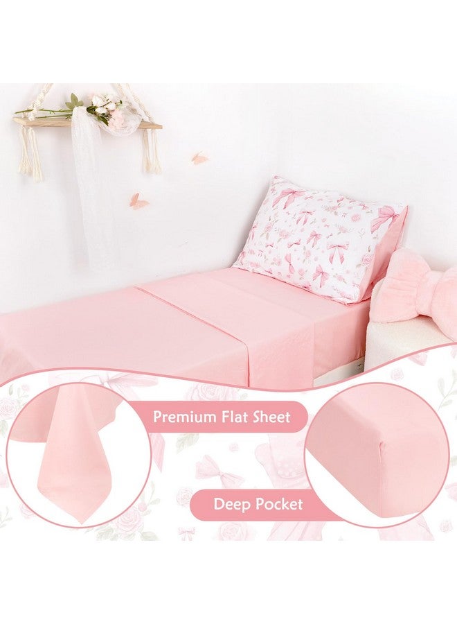 Jundetye Toddler Bedding Set for Girls 4 Pieces Pink Rose, Soft Breathable Toddler Comforter Set, Bow Flower Print, Includes Reversible Comforter, Fitted Sheet and Flat Sheet, Pillowcase - Image 3